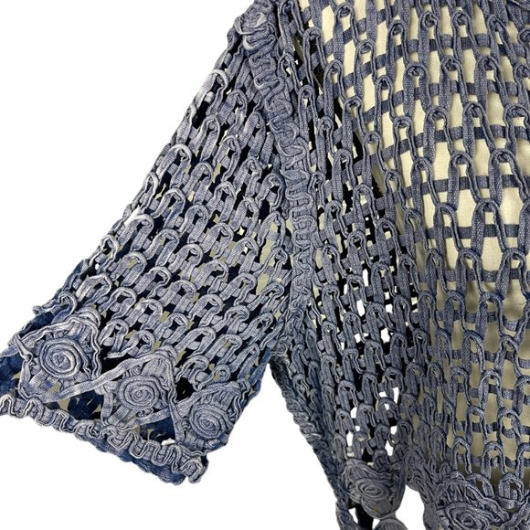 Chico's Soutache Cardigan Women's 2 US L Sadie Blue Open Weave Half Sleeve - Picture 6 of 8